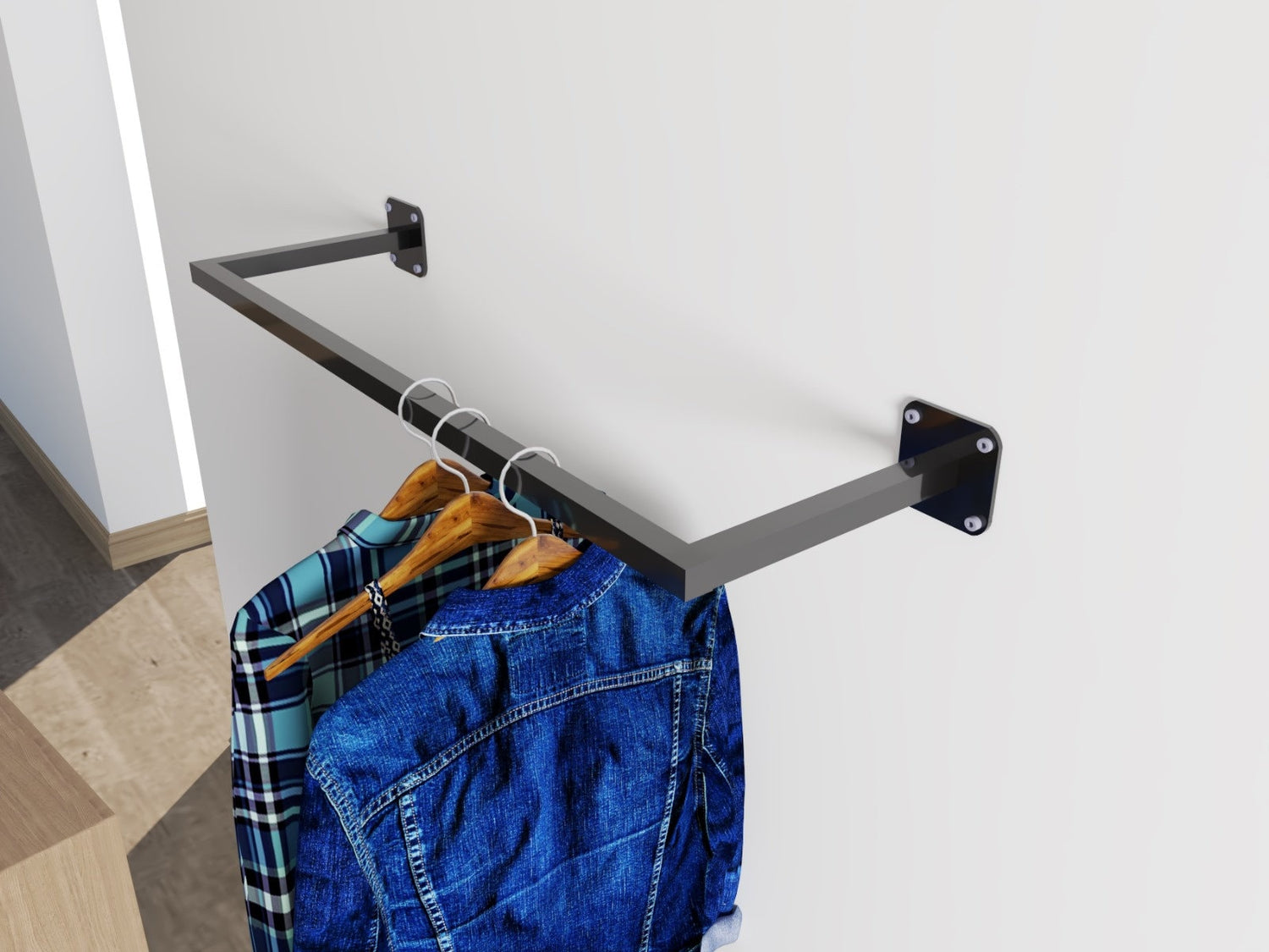 Contemporary Black and White Clothes Rail with Rectangle and U-shaped Design, Wall and Ceiling Mount, Powder-Coated Wardrobe Organizer