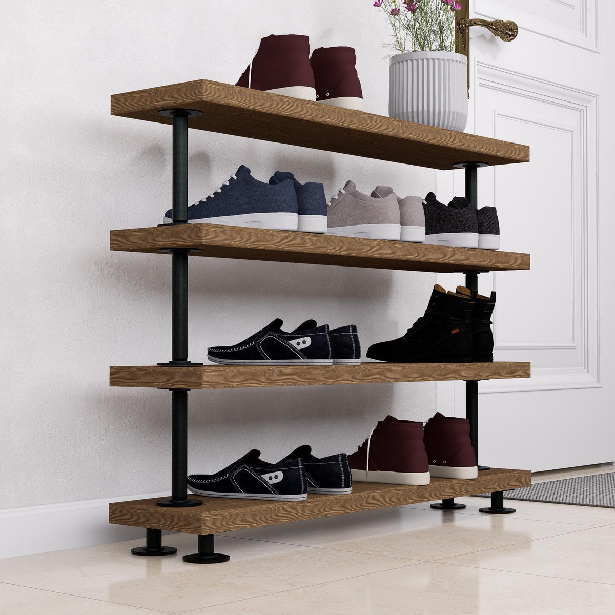 Rustic Tiered Shoe Rack with Wooden Shelves
