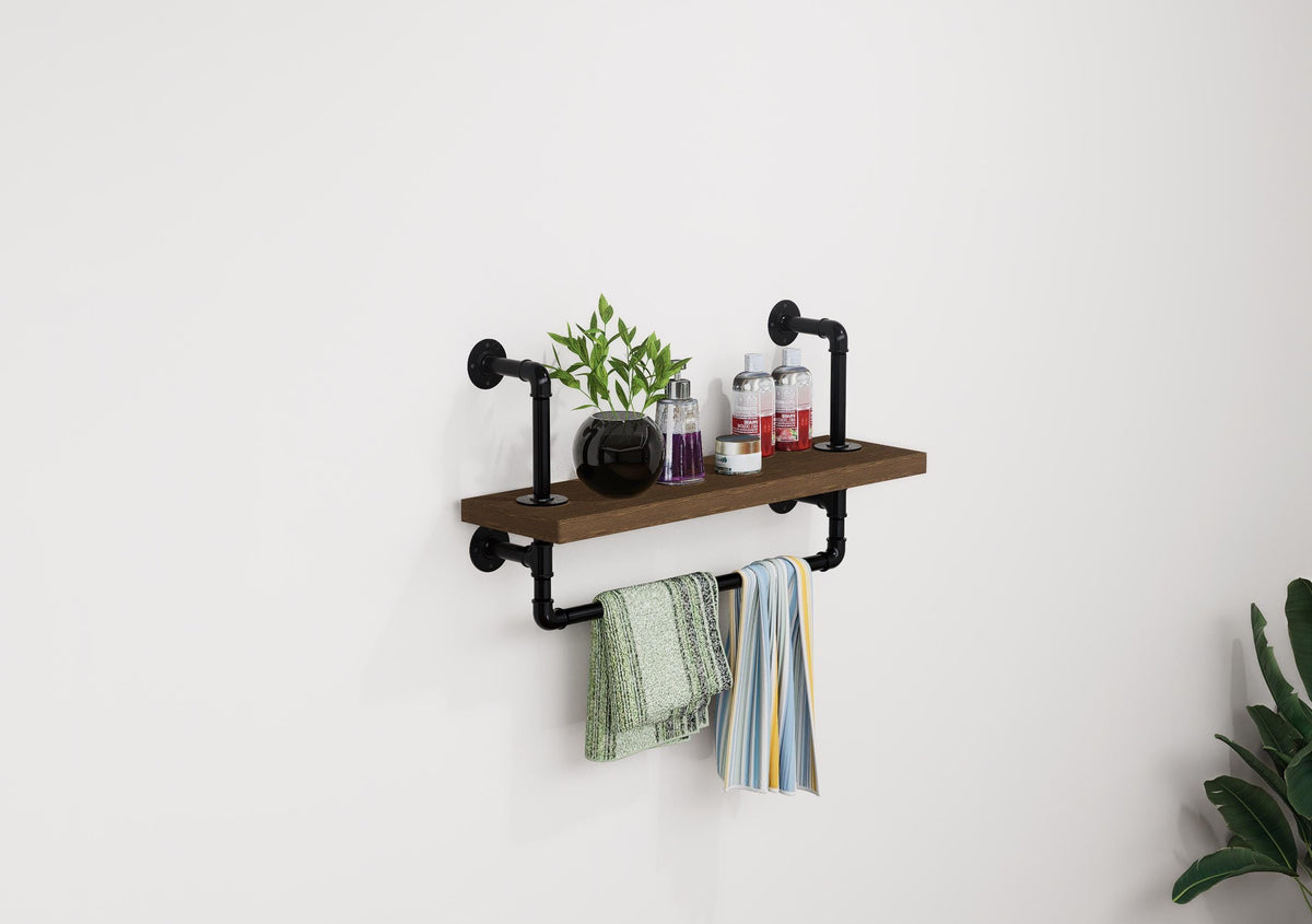 Industrial Pipe Wall Shelf with Towel Bar Rustic Wood Floating Shelf for Bathroom, Kitchen or Entryway Storage Farmhouse Decor