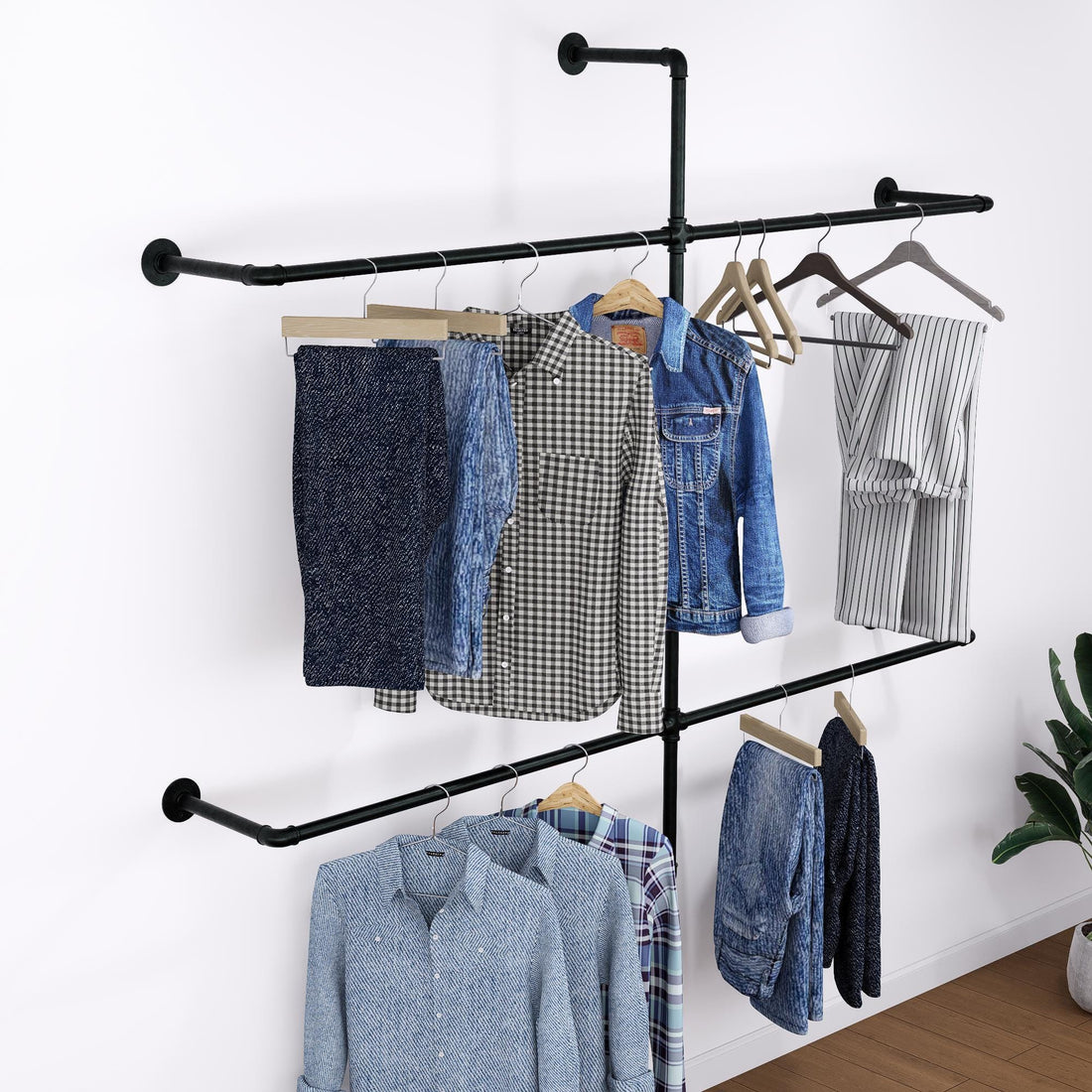 Open Wardrobe Industrial Wall Mounted Clothing Rack Heavy Duty Metal Pipe Garment Rack for Closet, Retail Display, Entryway or Laundry Room