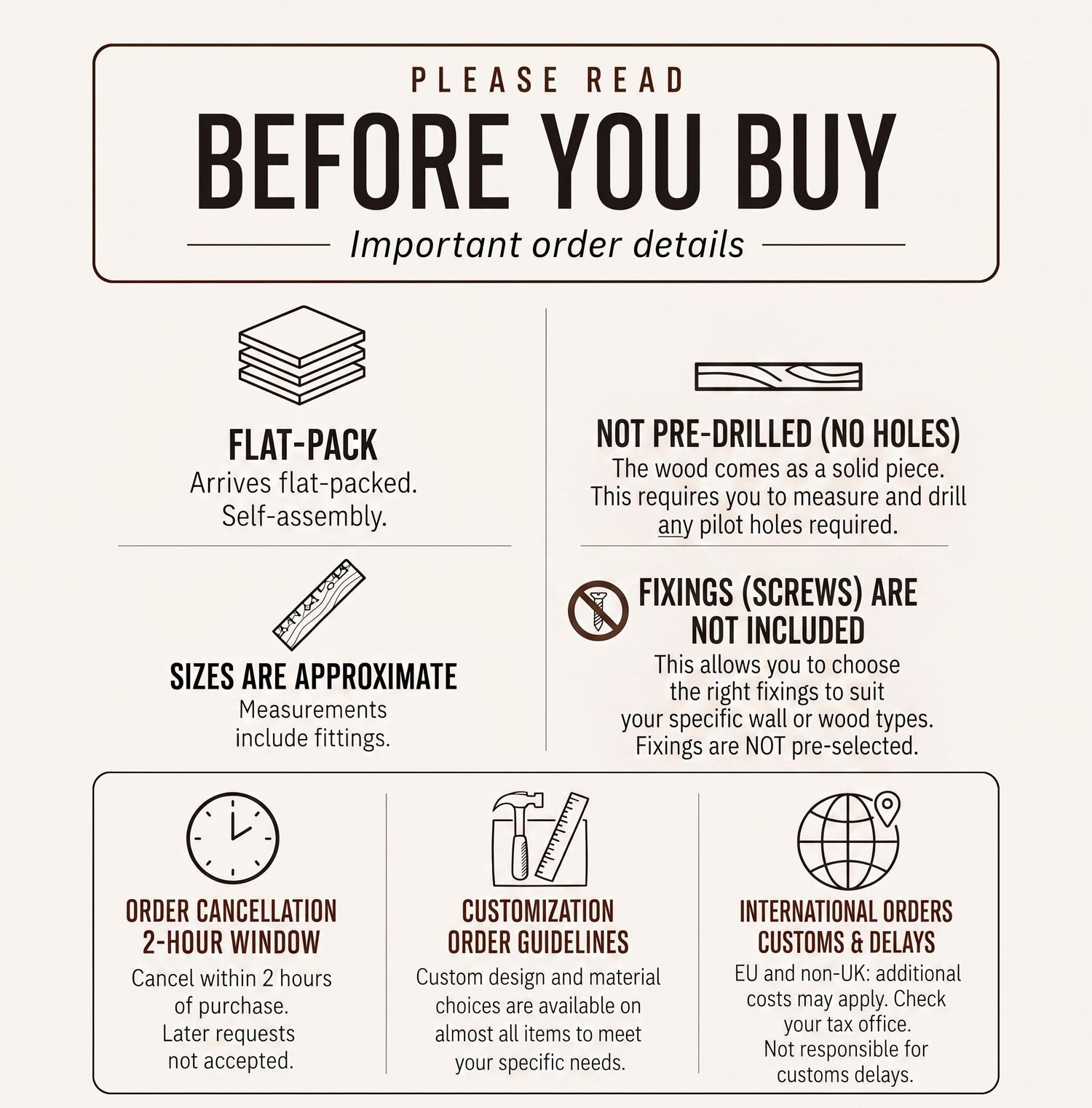 a list of instructions and information about a product, likely a flat-pack or custom-designed item. It includes details about the product&