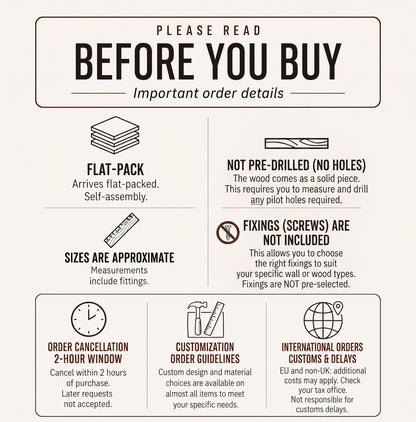 a list of instructions and information about a product, likely a flat-pack or custom-designed item. It includes details about the product&