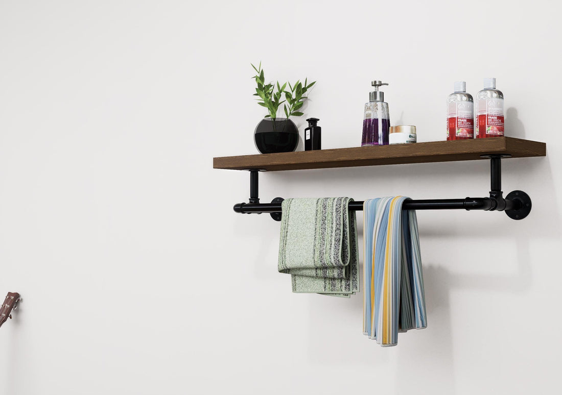 Steampunk Pipe Towel Holder with Shelf – Industrial Metal Towel Bar for Bathroom Organization, Unique Handmade Gift