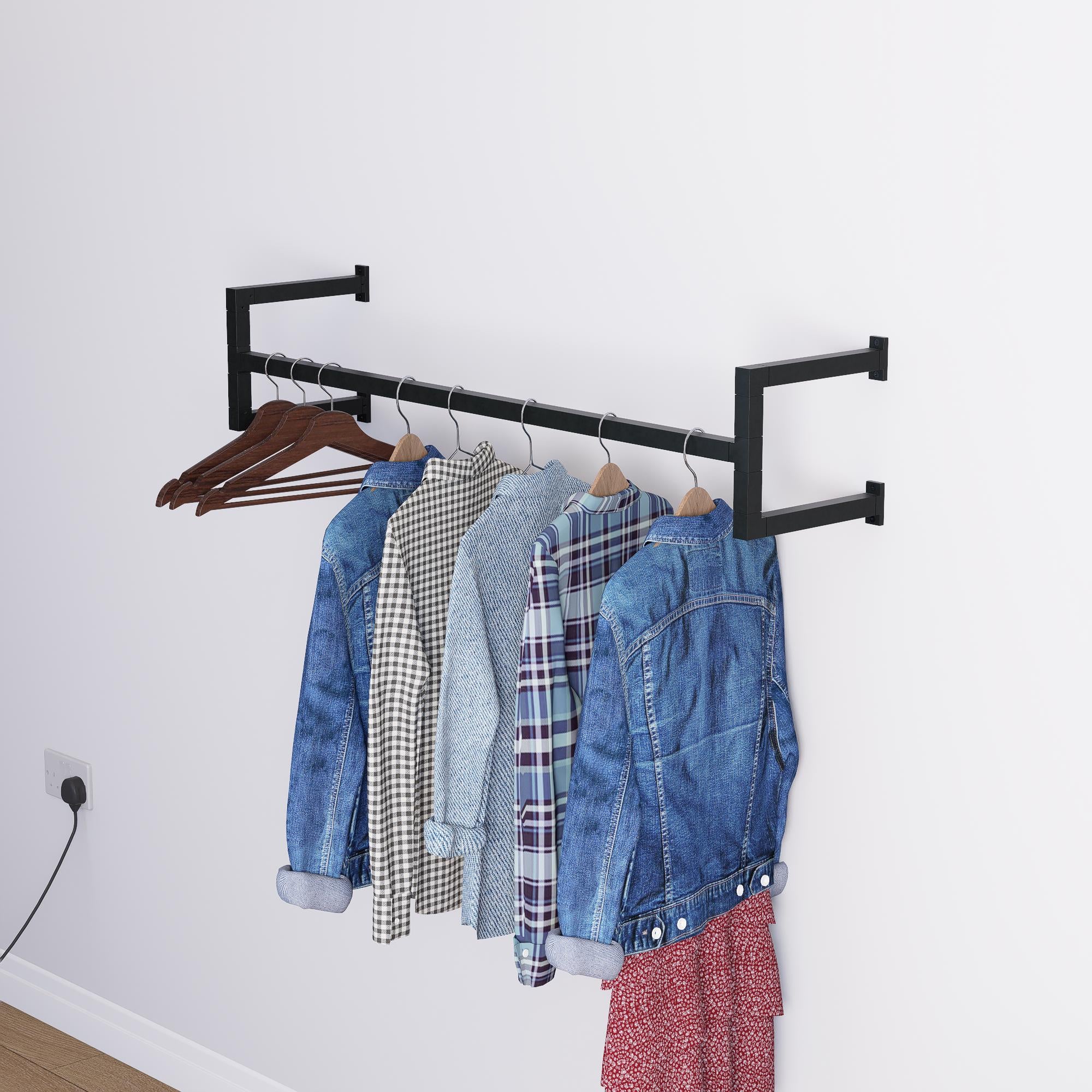 Minimalist Square Clothes Rail | Modern Wall Mounted Garment Rack | Industrial Hanging Rail for Wardrobes, Boutiques, Entryways