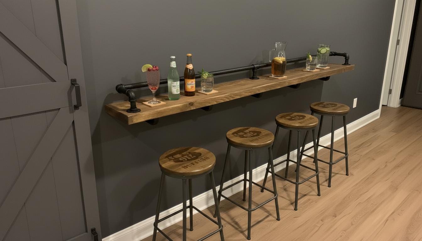 Industrial Style Breakfast &amp; Drinks Bar | Rustic Wall-Mounted Home Bar