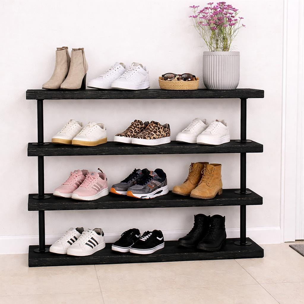 Industrial Pipe Shoe Rack, Tiered Rustic Shoe Shelf Organizer, Heavy Duty Metal &amp; Wood Entryway Shoe Storage, Farmhouse Mudroom Decor