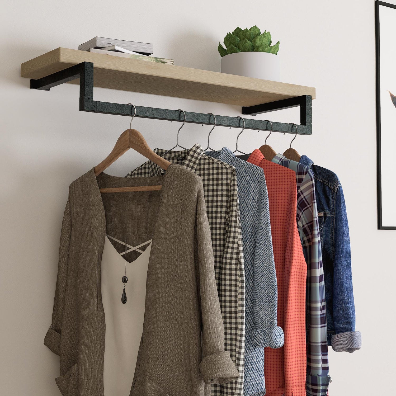Wall Mounted Clothes Rack with Shelf: Industrial Metal &amp; Wood Hanging Rail