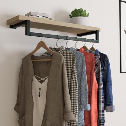 Wall Mounted Clothes Rack with Shelf: Industrial Metal &amp; Wood Hanging Rail