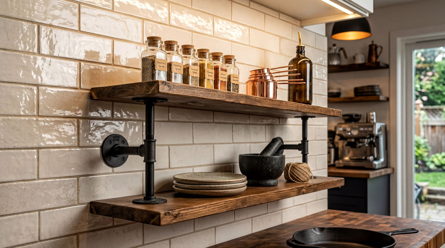a kitchen with a wooden shelf holding various kitchen items, including bottles, a copper pot, and a mortar and pestle. The shelf is mounted on a wall with white tiles, and there is a window in the background.