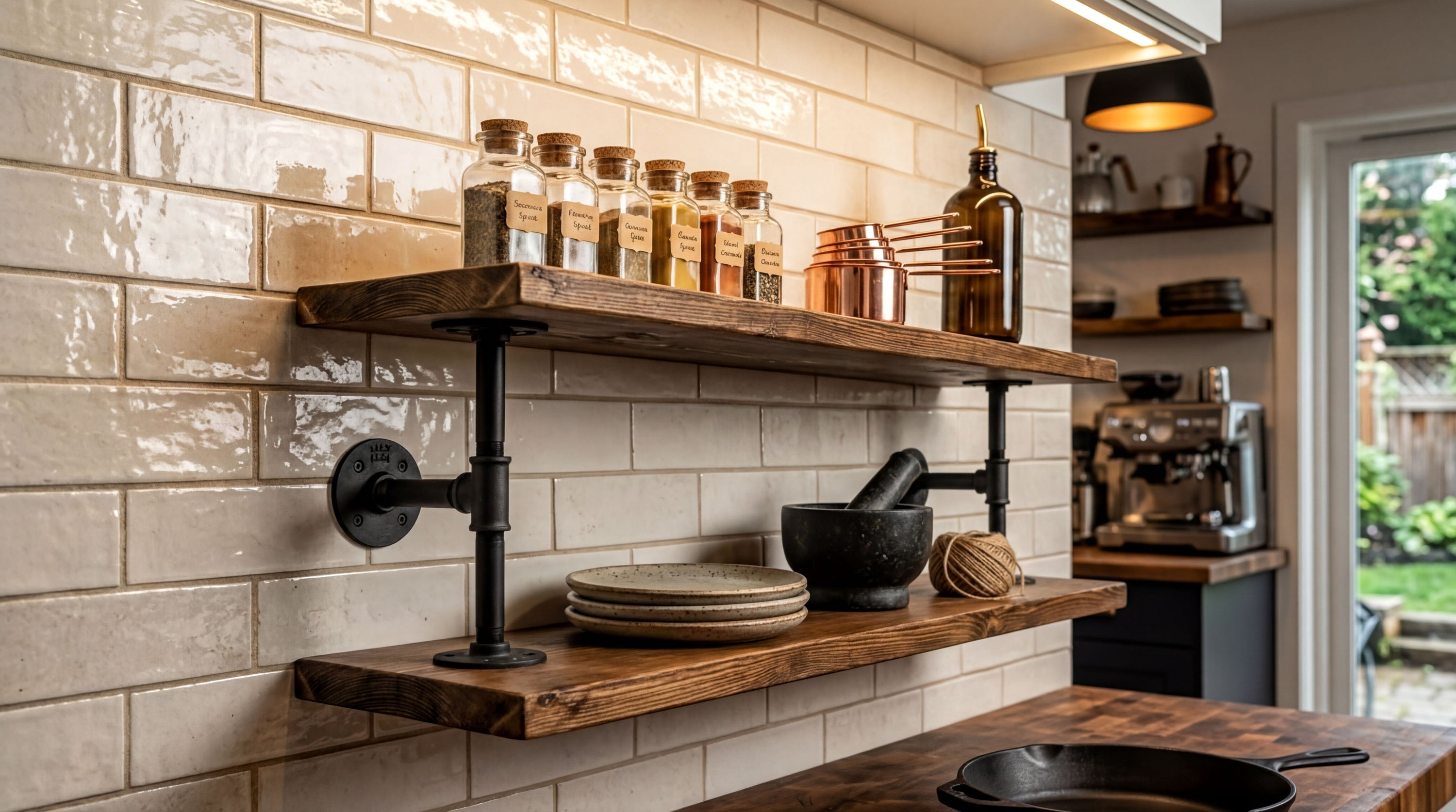 a kitchen with a wooden shelf holding various kitchen items, including bottles, a copper pot, and a mortar and pestle. The shelf is mounted on a wall with white tiles, and there is a window in the background.