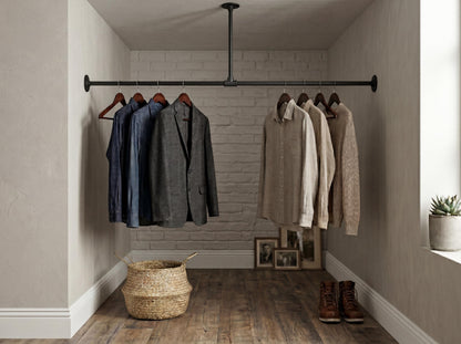 Industrial Pipe Clothing Rack | Wall To Wall &amp; Ceiling Mounted Clothes Rail | Black Iron Garment Rack | Open Wardrobe | Custom Size Boutique