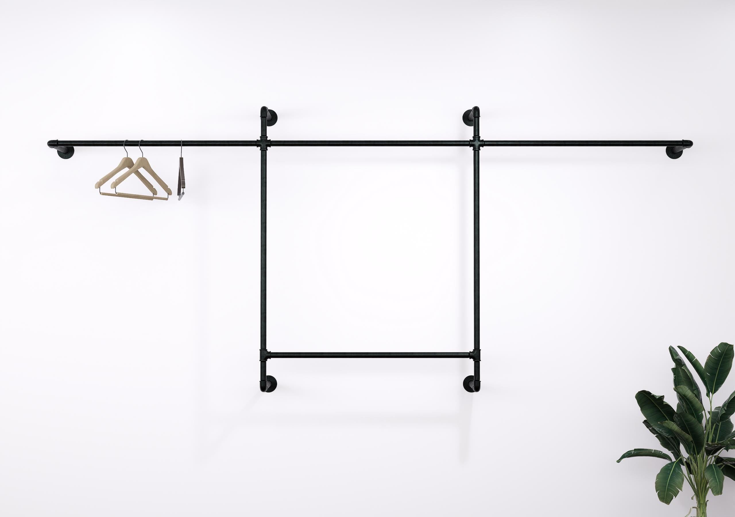 Open Wardrobe Industrial Wall Mounted Clothing Rack Heavy Duty Metal Pipe Garment Rack for Closet, Retail Display, Entryway or Laundry Room