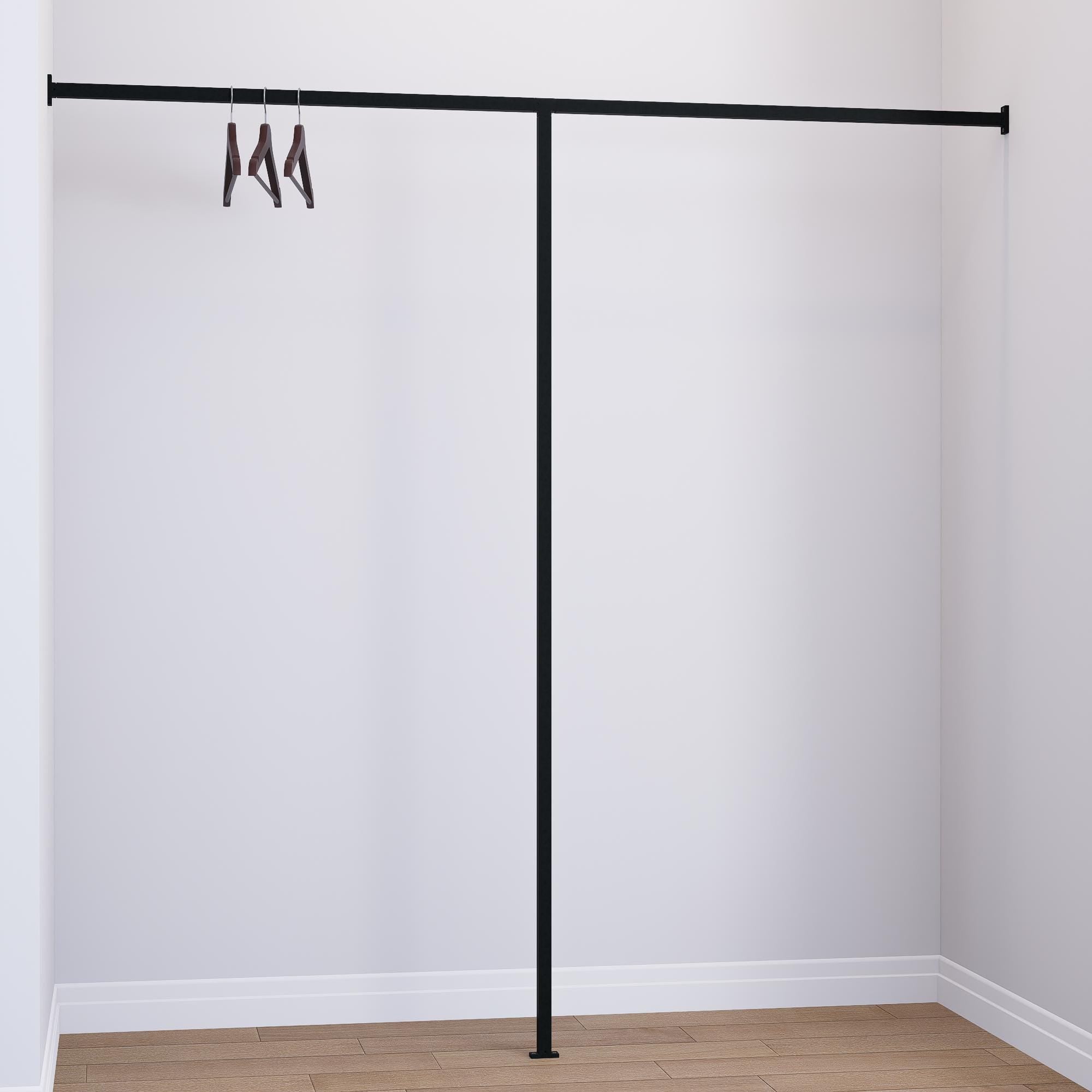 Wall to Wall Clothes Rack | Floor &amp; Wall Mounted Square Tube Rail | Minimalist Industrial Garment Rack for Wardrobes, Boutiques, Homes