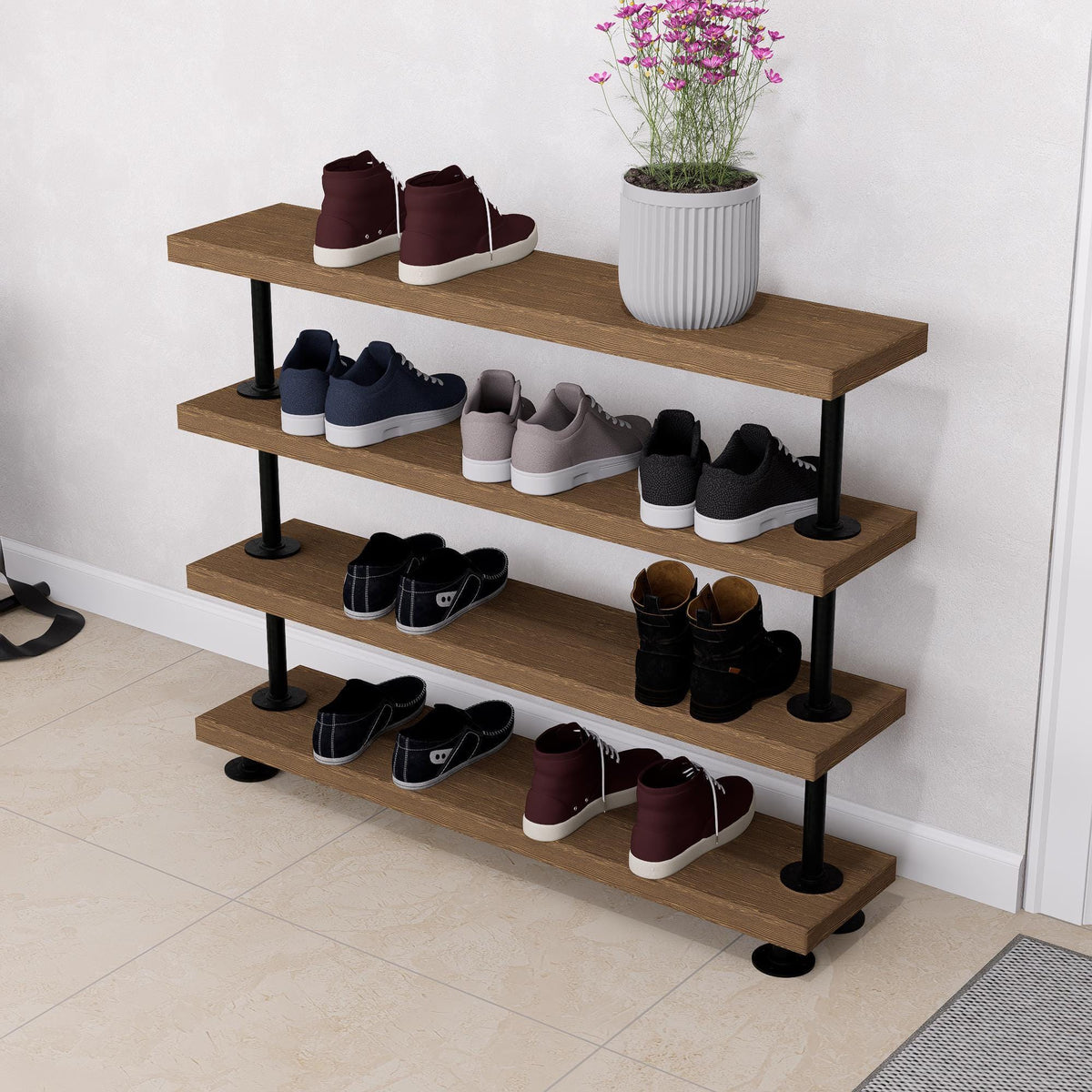 Rustic Tiered Shoe Rack: Wooden Shelves, Industrial Farmhouse Entryway Organizer