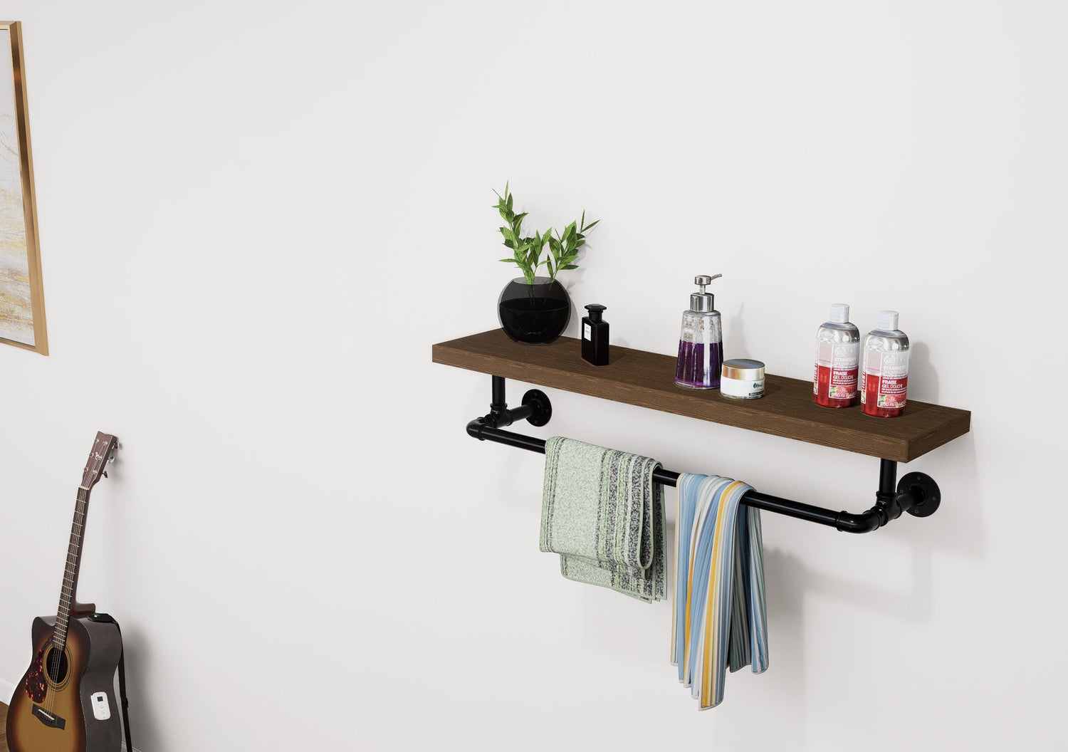 Steampunk Pipe Towel Holder with Shelf – Industrial Metal Towel Bar for Bathroom Organization, Unique Handmade Gift