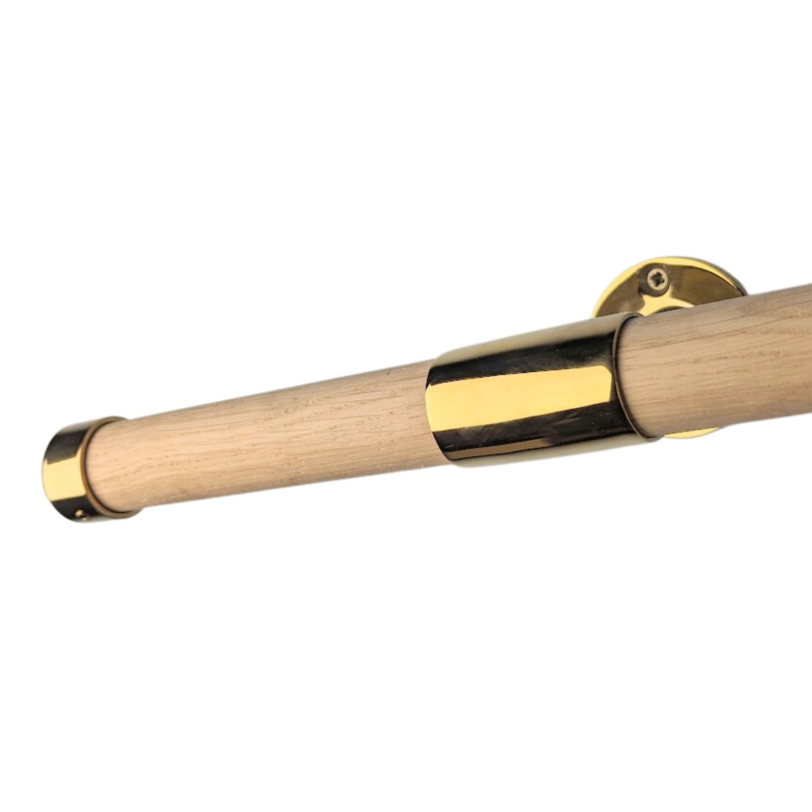 A precision-crafted handrail combining solid American white oak with sleek stainless steel brackets, featuring a 32mm diameter, flat end caps, and the natural beauty of European oak grain patterns for a stylish, durable staircase upgrade.