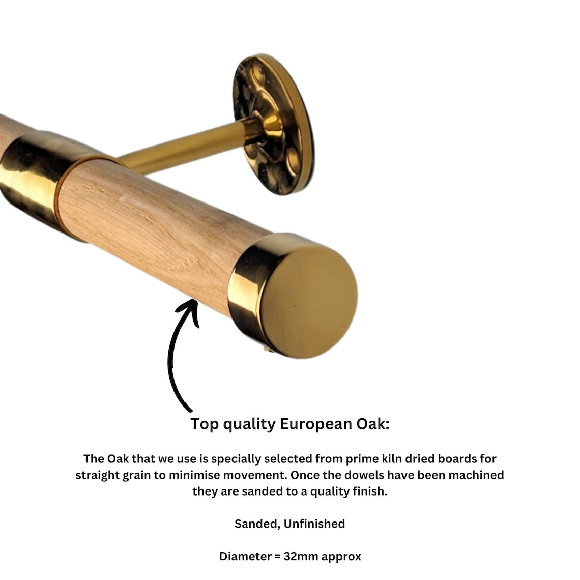 A precision-crafted handrail combining solid American white oak with sleek stainless steel brackets, featuring a 32mm diameter, flat end caps, and the natural beauty of European oak grain patterns for a stylish, durable staircase upgrade.