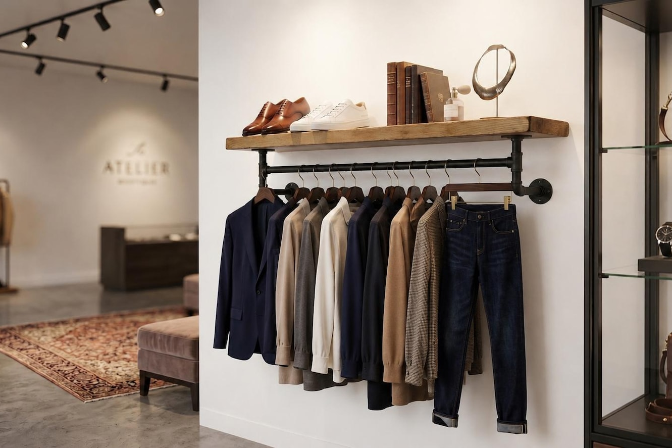 A retail boutique interior with a wall-mounted wooden shelf and black metal clothing rack holding multiple jackets and jeans in neutral and dark tones. A wooden shoe box sits on the shelf beside books and a small mirror.
