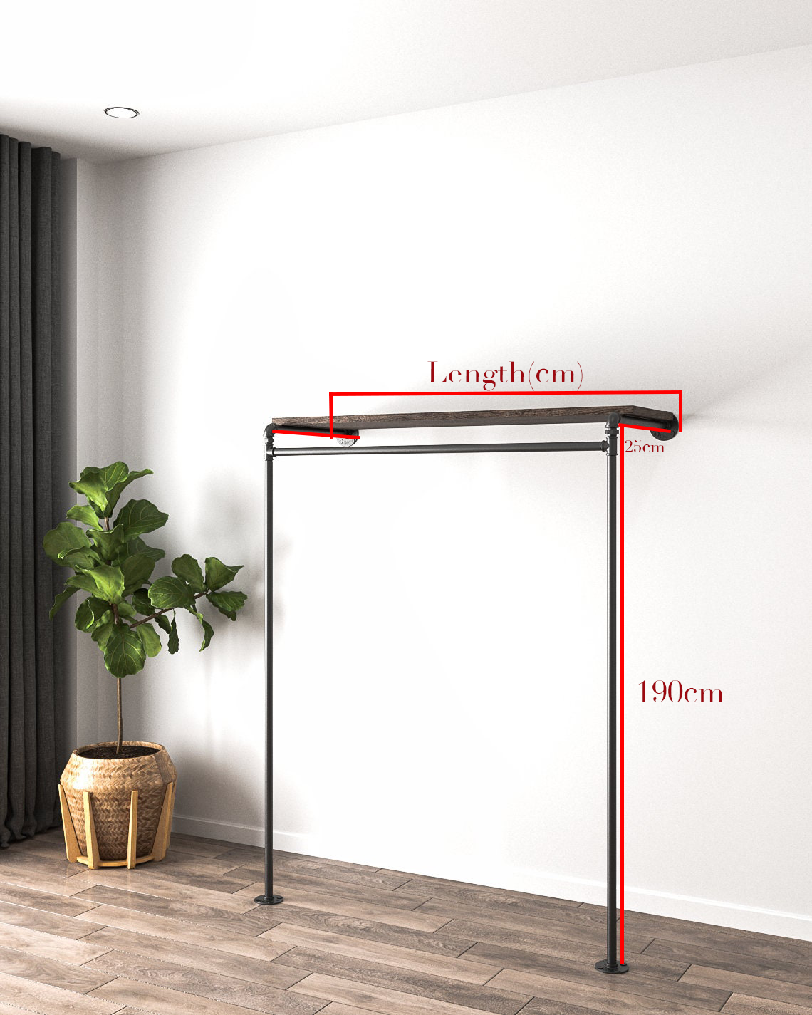 Vintage Clothes Rail, wall-mounted with a pipe clothes rail and wooden shelves, displaying its classic and functional design.