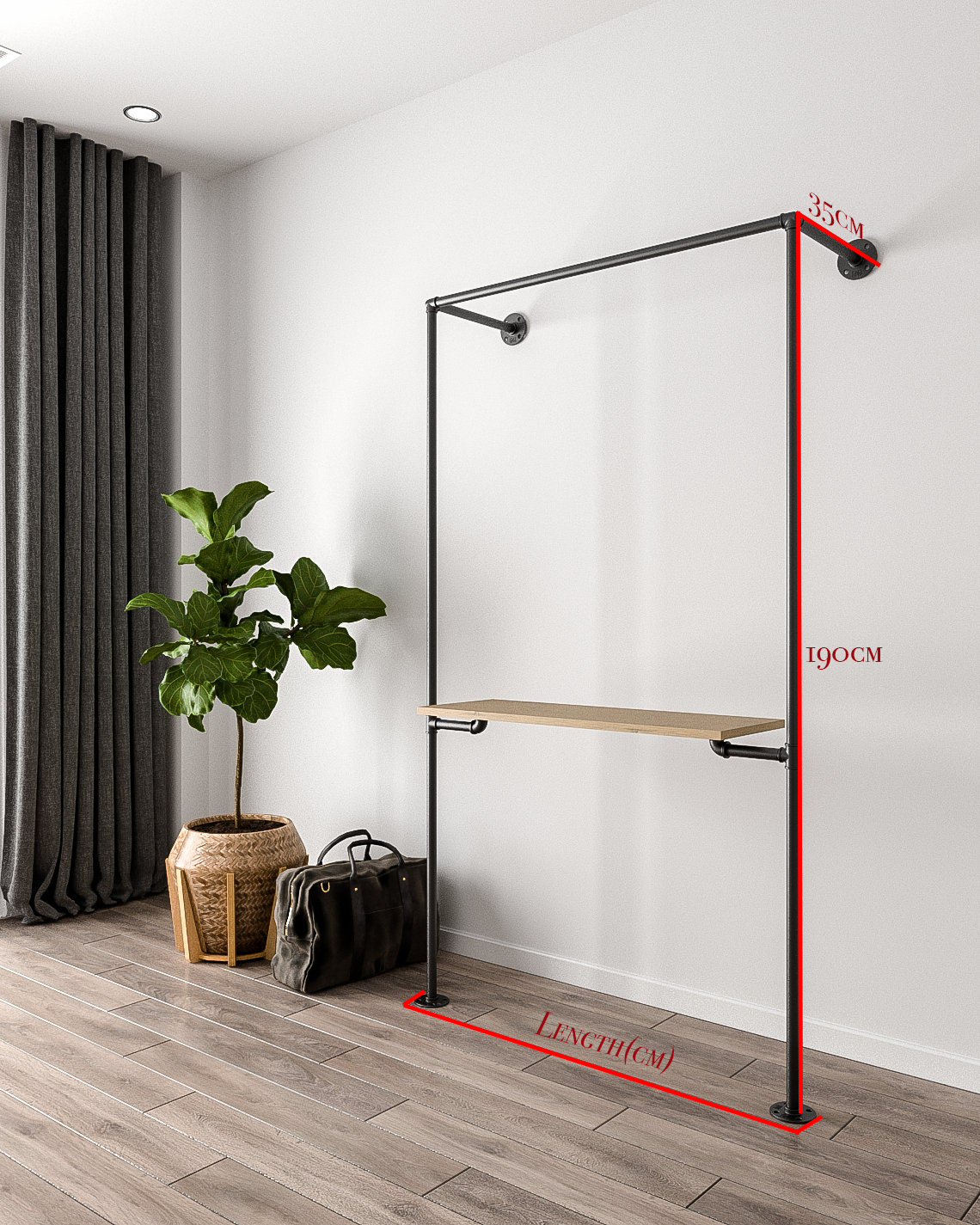Maacah Pipe Clothes Rail Wall Mounted System, showcasing its sleek design and versatility for clothing and shoe storage.