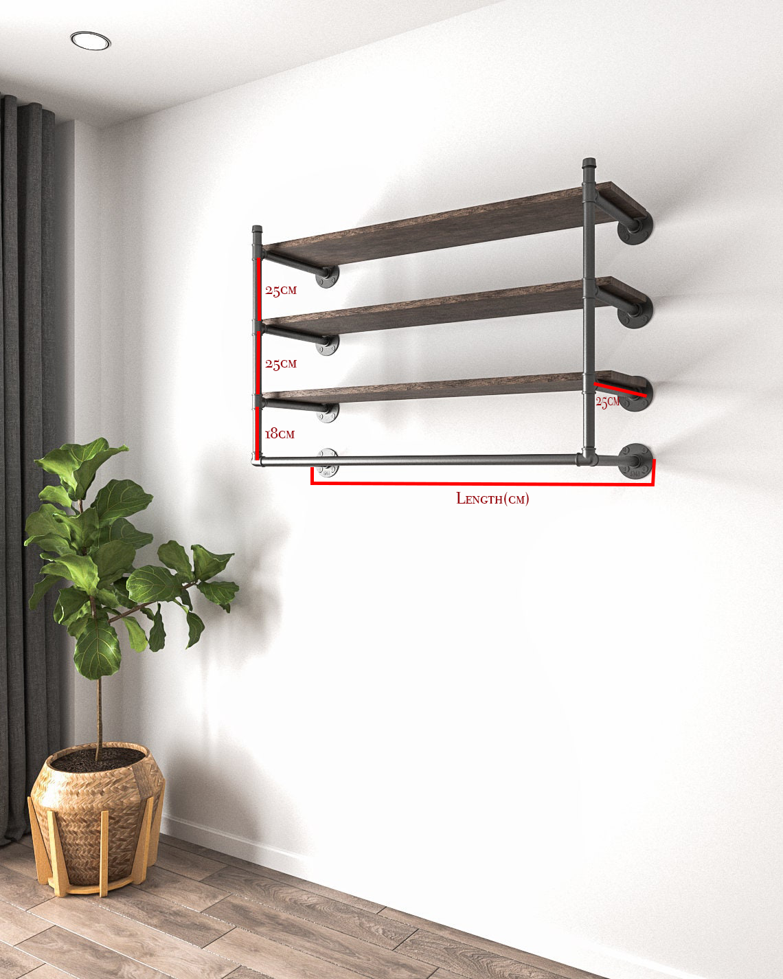 Retro Clothing Rack with Wood Shelves, a wall-mounted garment storage solution with shelves for shoes, hats, and other items, easy to assemble and install.