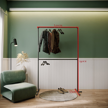 Aspa Clothing Rack, a versatile and collapsible two-level free-standing pipe clothes rack, suitable for retail or home use.