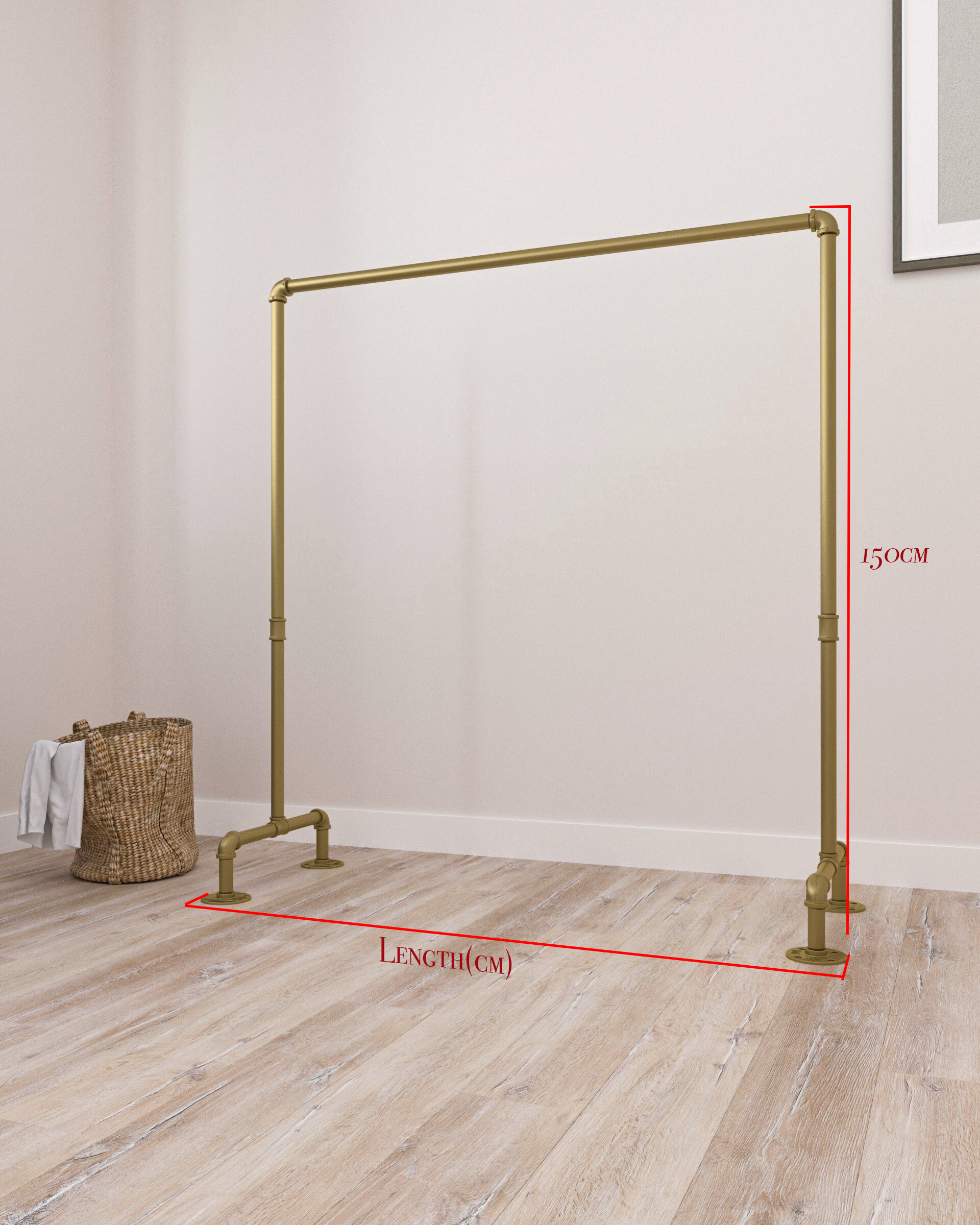 versatile Freestanding Pipe Clothes Rack made of gold rustic iron, filled with organized garments, showcasing its sturdy and unique design