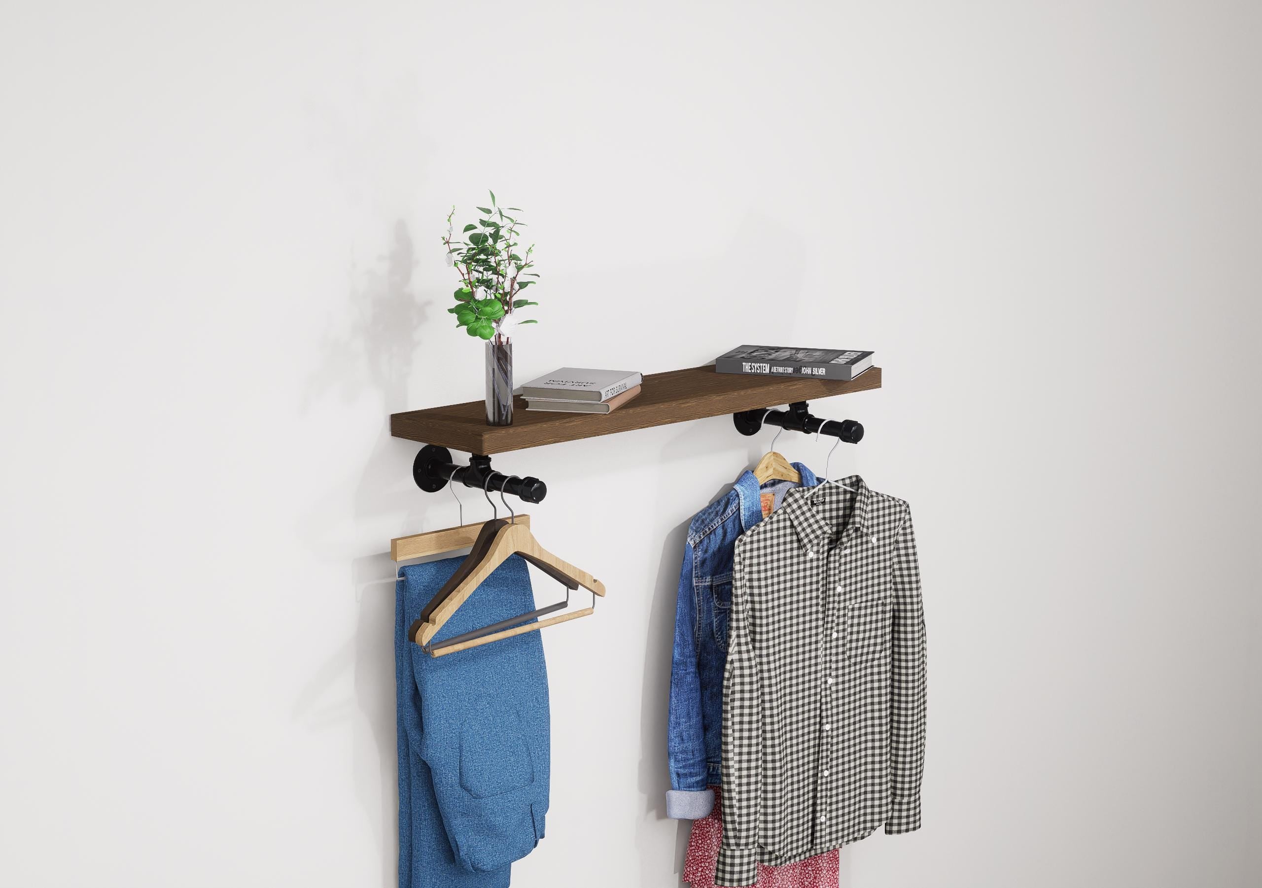 Industrial-style wall shelf with wooden top and metal hanging rail, perfect for organizing clothes and adding a rustic touch