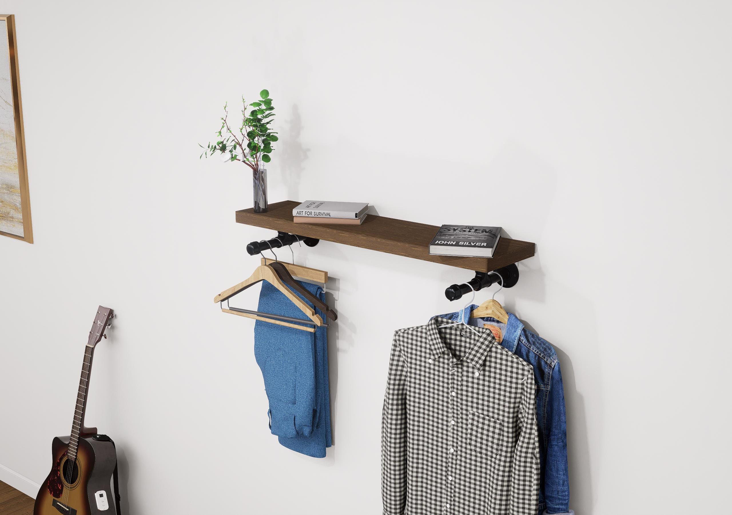 Industrial-style wall shelf with wooden top and metal hanging rail, perfect for organizing clothes and adding a rustic touch