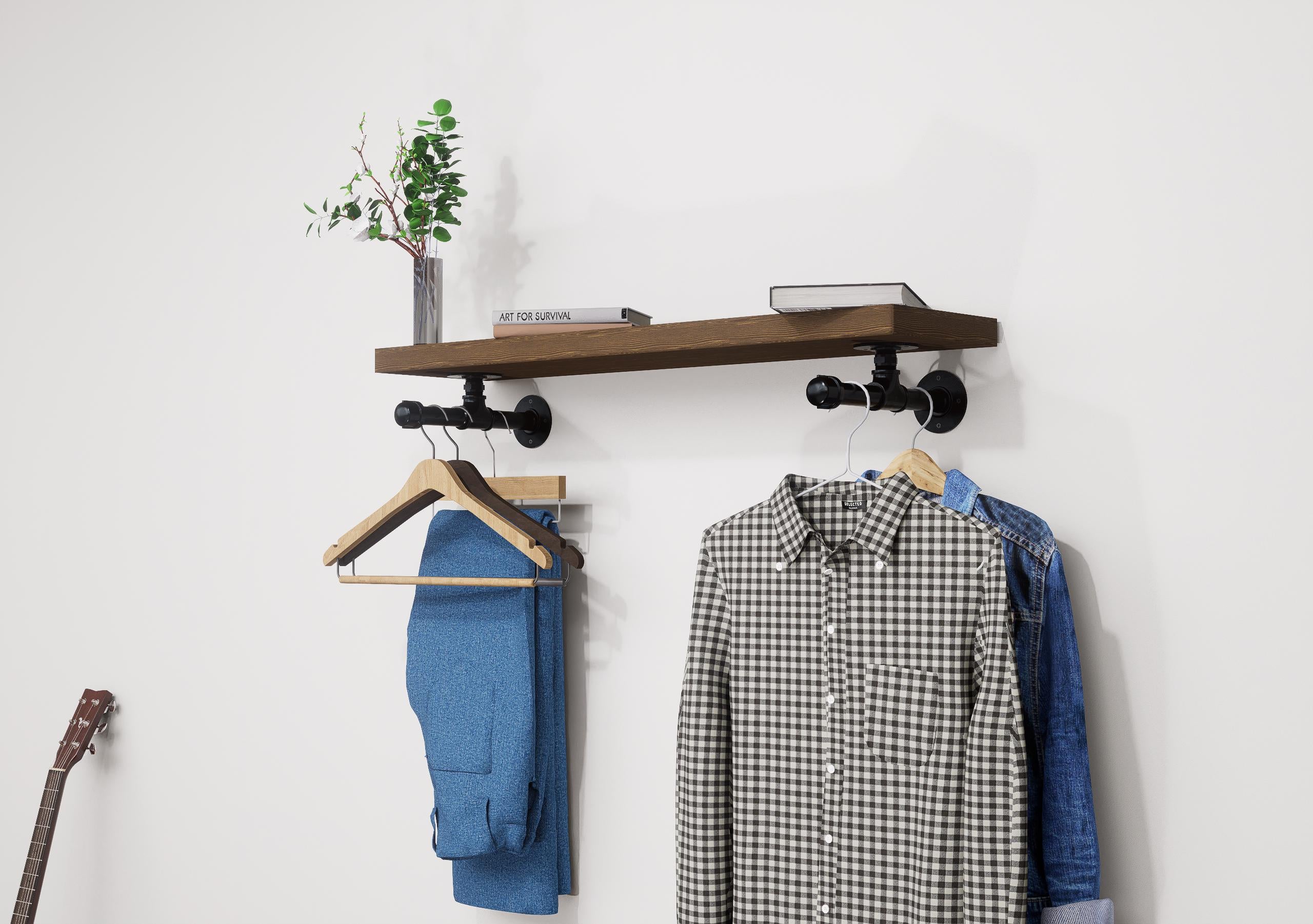 Industrial-style wall shelf with wooden top and metal hanging rail, perfect for organizing clothes and adding a rustic touch