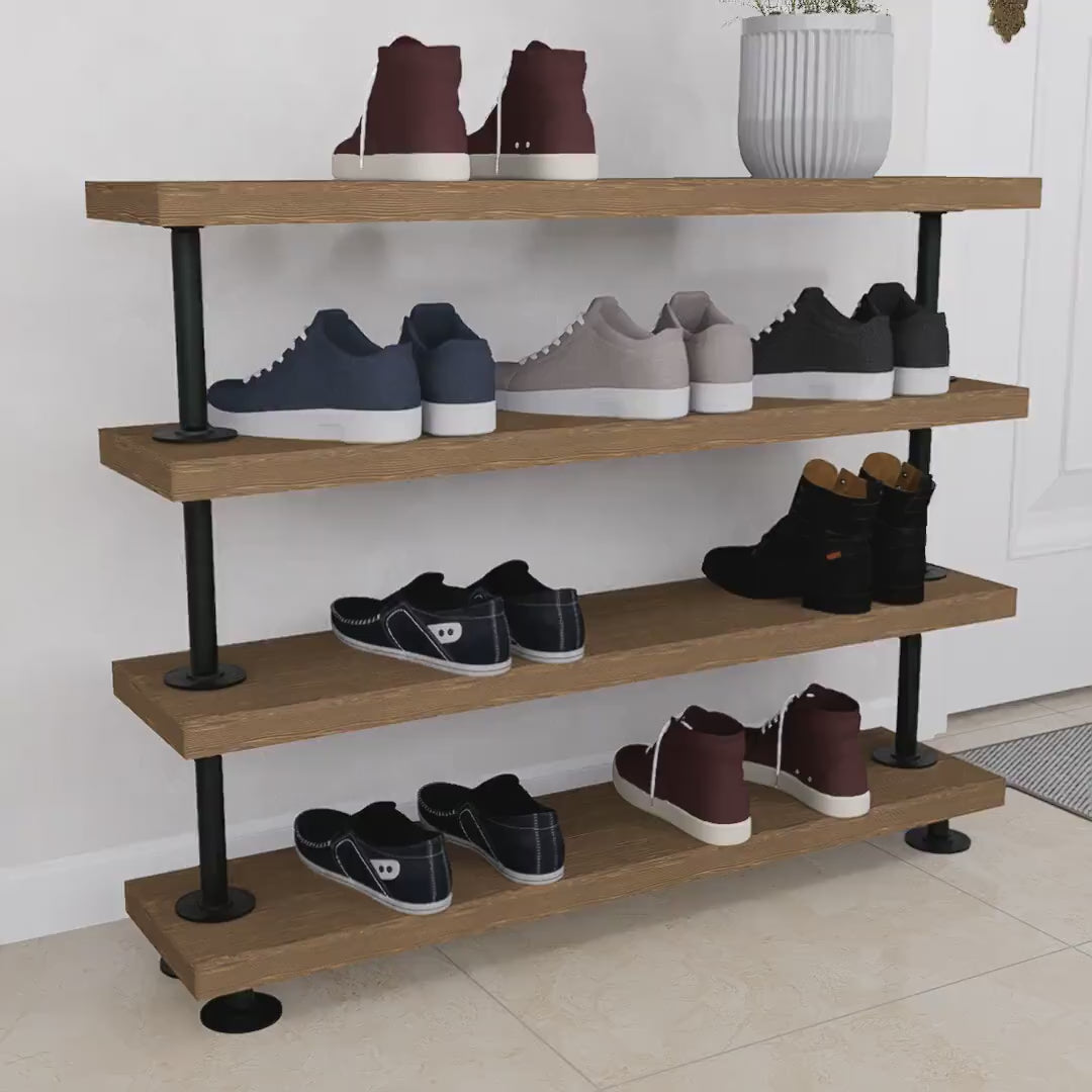 Charger la vidéo : Rustic Tiered Shoe Rack with Wooden Shelves