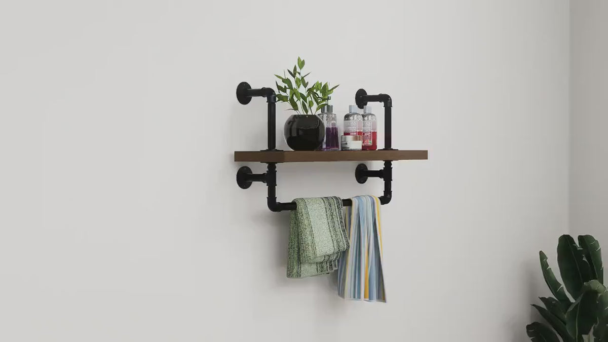 Load video: Industrial Pipe Wall Shelf with Towel Bar Rustic Wood Floating Shelf for Bathroom, Kitchen or Entryway Storage Farmhouse Decor