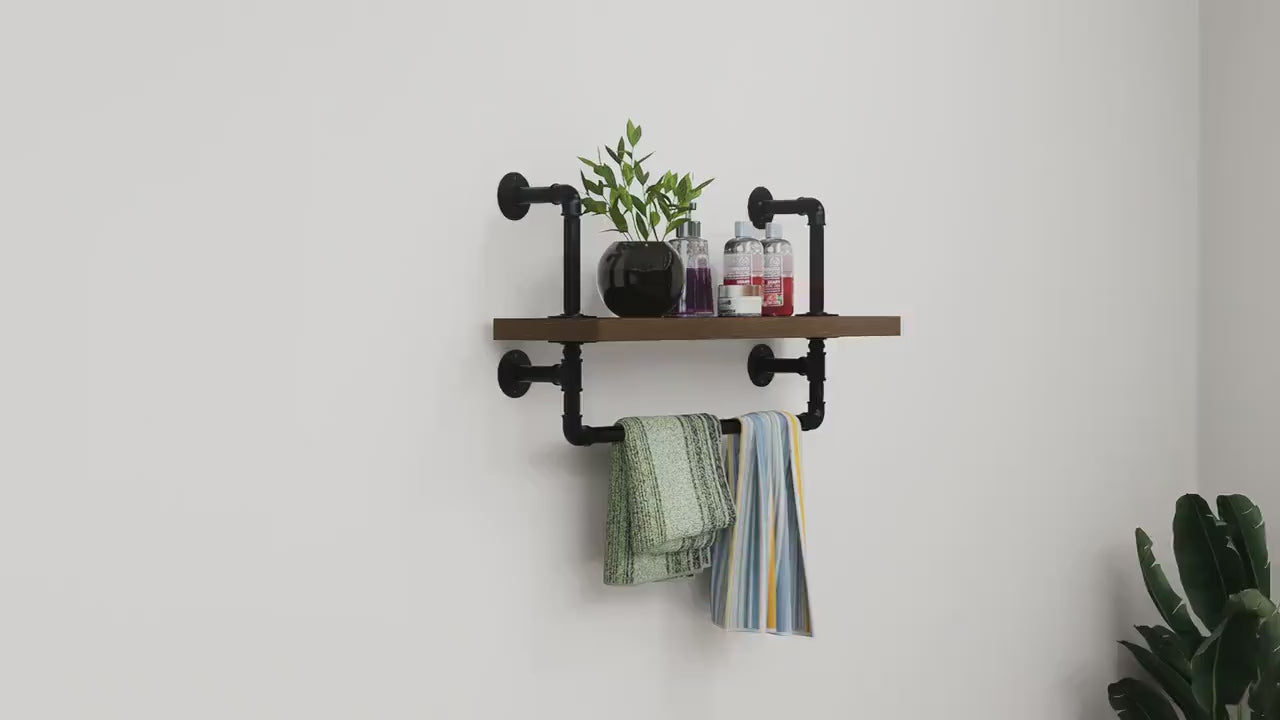 Industrial Pipe Wall Shelf with Towel Bar Rustic Wood Floating Shelf for Bathroom, Kitchen or Entryway Storage Farmhouse Decor