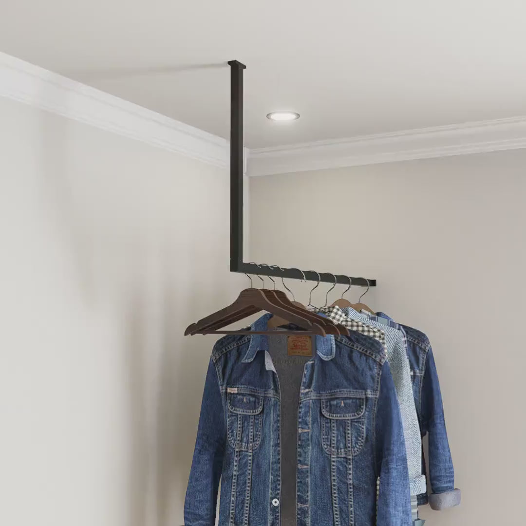 Load video: L-Shaped Ceiling Mounted Clothing Rack – Custom Iron Closet Rod for Corner Spaces, Retail, Entryway or Bedroom – Heavy Duty &amp; Stylish