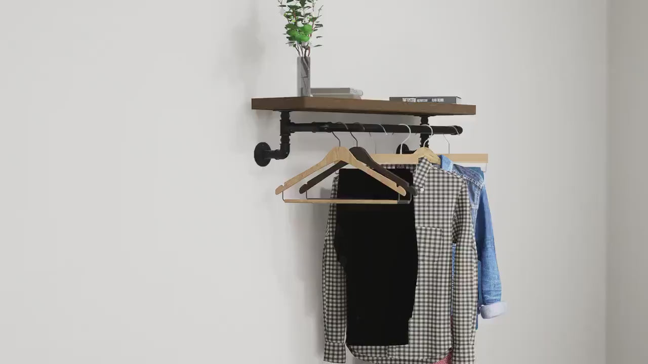 Industrial Wall-Mounted Clothing Rack with Wooden Shelf and Pipe Design - Stylish Storage Solution for Entryway or Bedroom