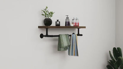 Steampunk Pipe Towel Holder with Shelf – Industrial Metal Towel Bar for Bathroom Organization, Unique Handmade Gift