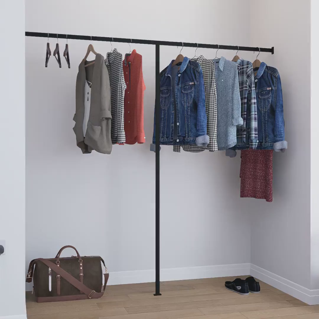 Wall to Wall Clothes Rack | Floor &amp; Wall Mounted Square Tube Rail | Minimalist Industrial Garment Rack for Wardrobes, Boutiques, Homes