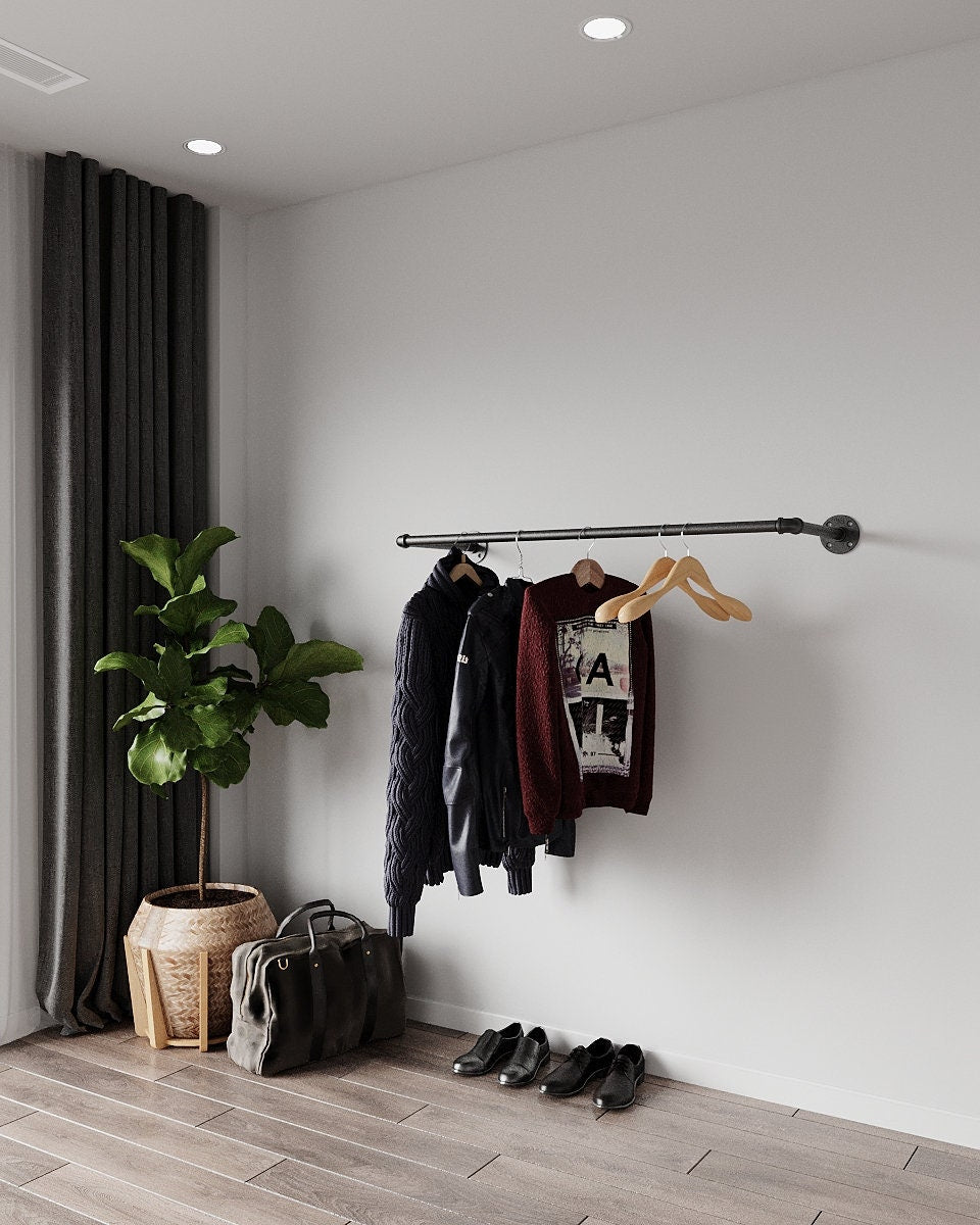 Mokji Industrial Pipe Wall Mounted Clothing Rack, showcasing its sturdy iron construction and versatile design options.