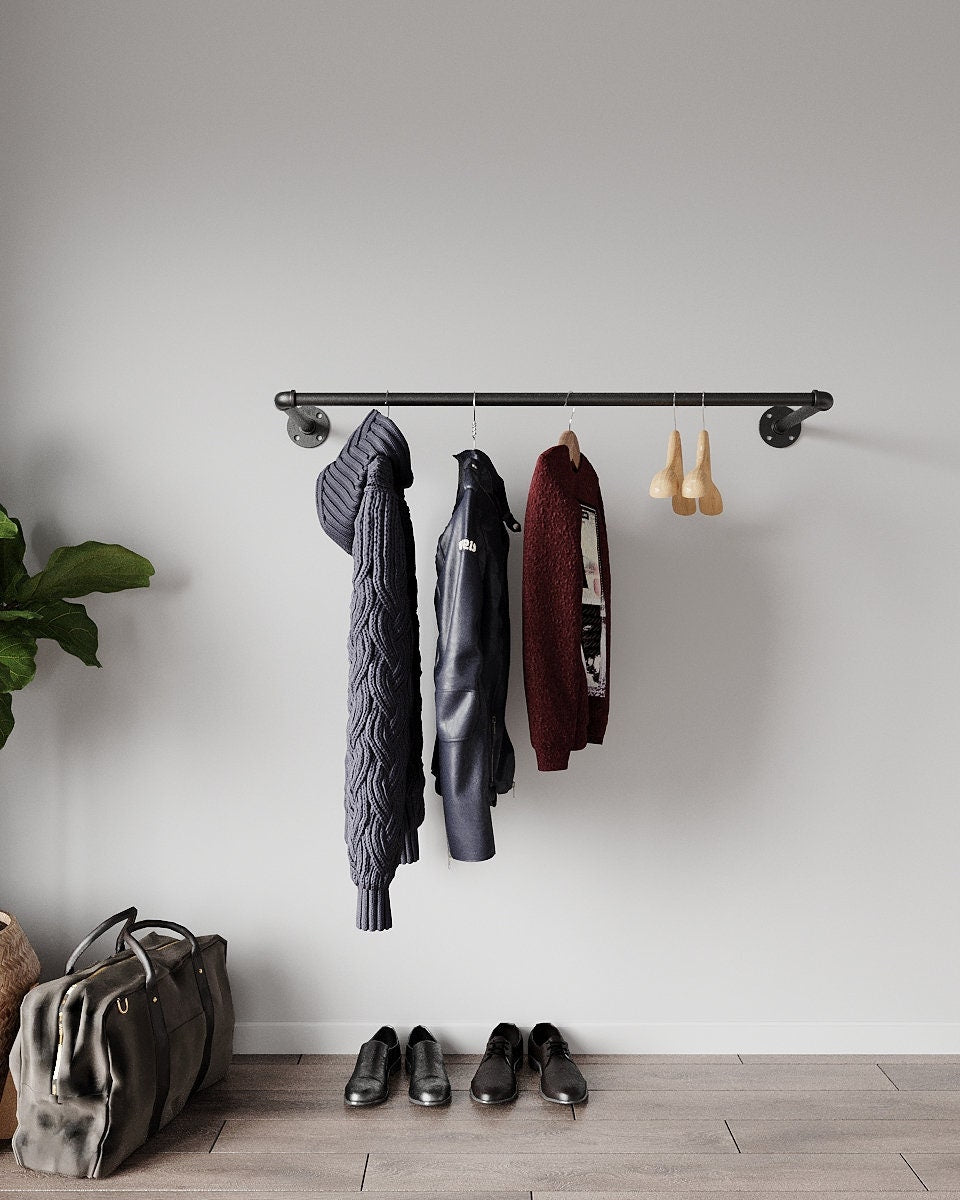 Mokji Industrial Pipe Wall Mounted Clothing Rack, showcasing its sturdy iron construction and versatile design options.