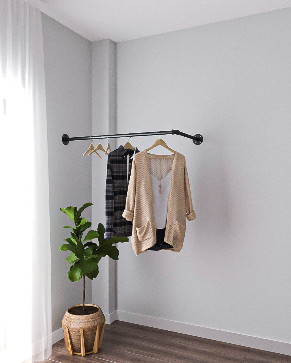 Nejso Corner Clothes Rail, showcasing its industrial pipe design and corner-fitting structure.
