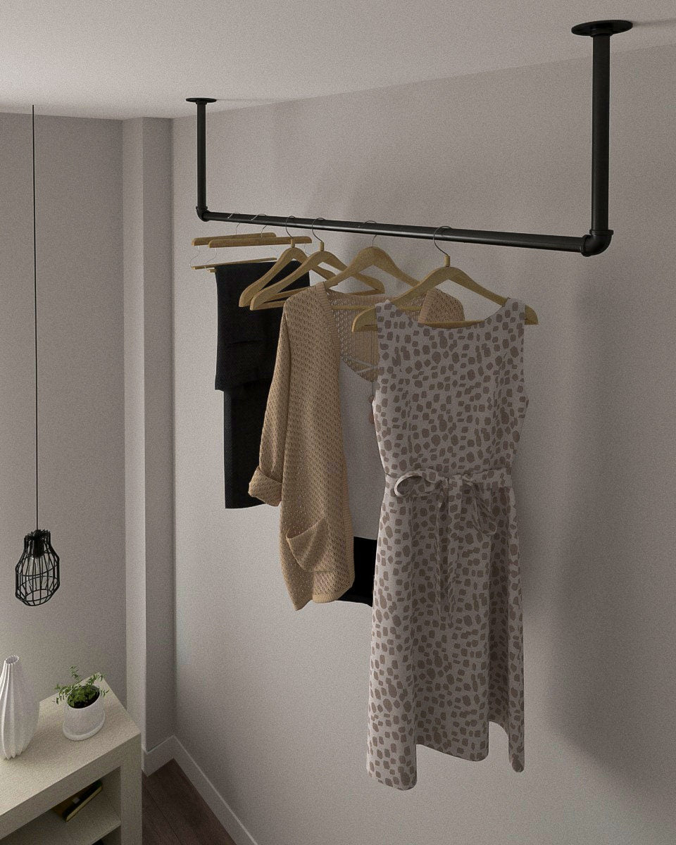 Durga Clothes Rail, a heavy-duty pipe ceiling mounted clothes rack, suitable for hanging and organizing