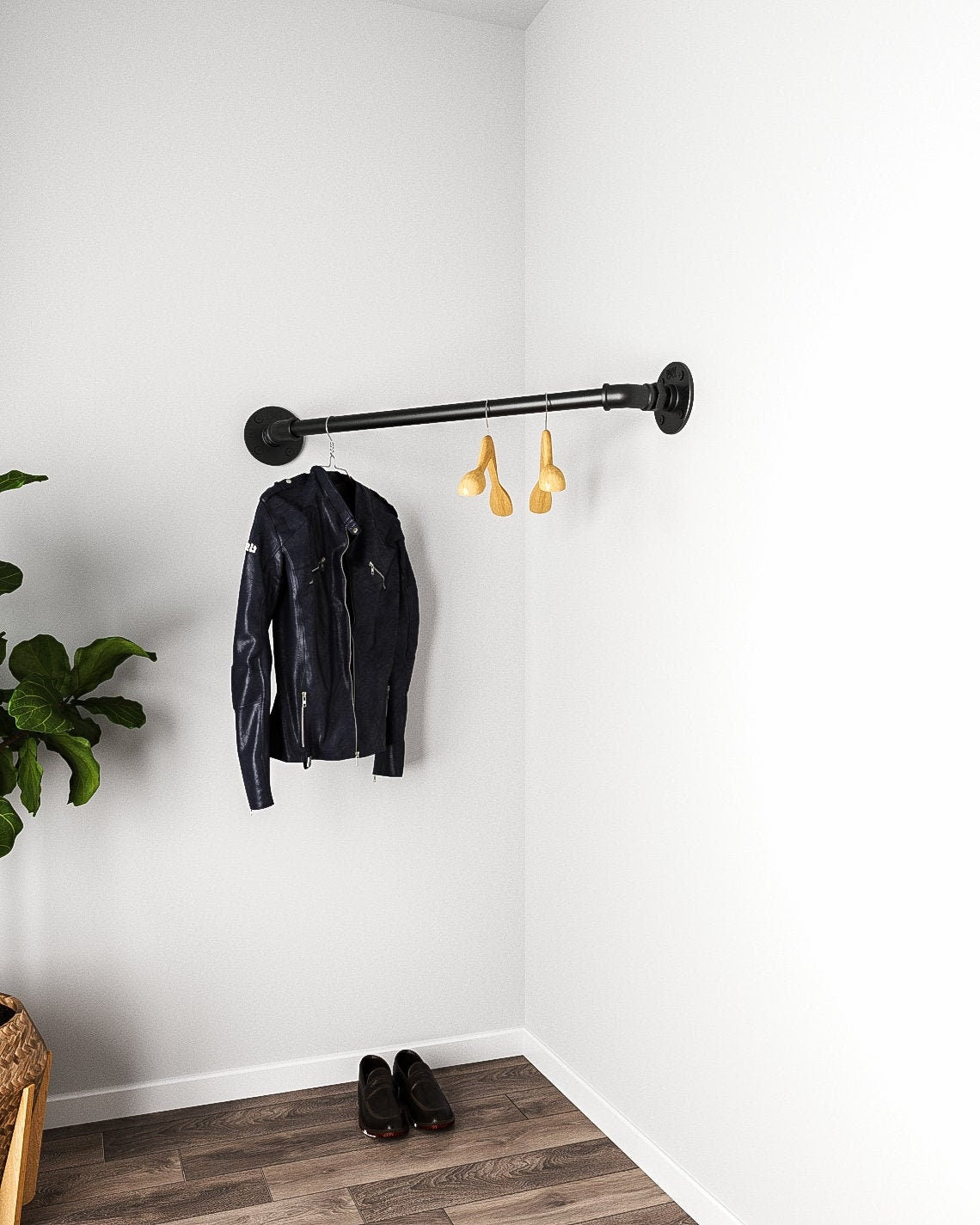 Amos Corner Industrial Pipe Wall Mounted Clothes Rack, a sturdy and customizable clothes hanger rack.