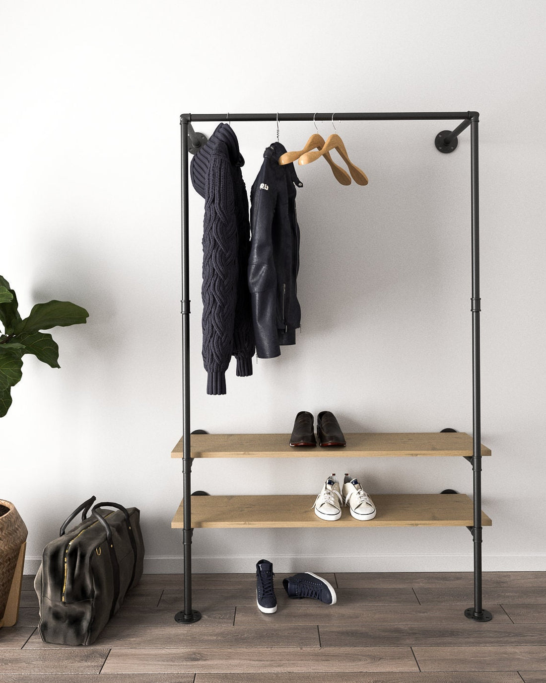 A versatile Closet Clothing Rail with hanging clothes, highlighting its space-saving design.