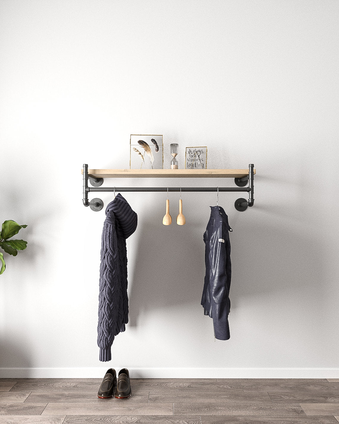 Leor Industrial Pipe Wall Mounted Clothing Rack, showcasing its sturdy malleable iron construction and vintage style