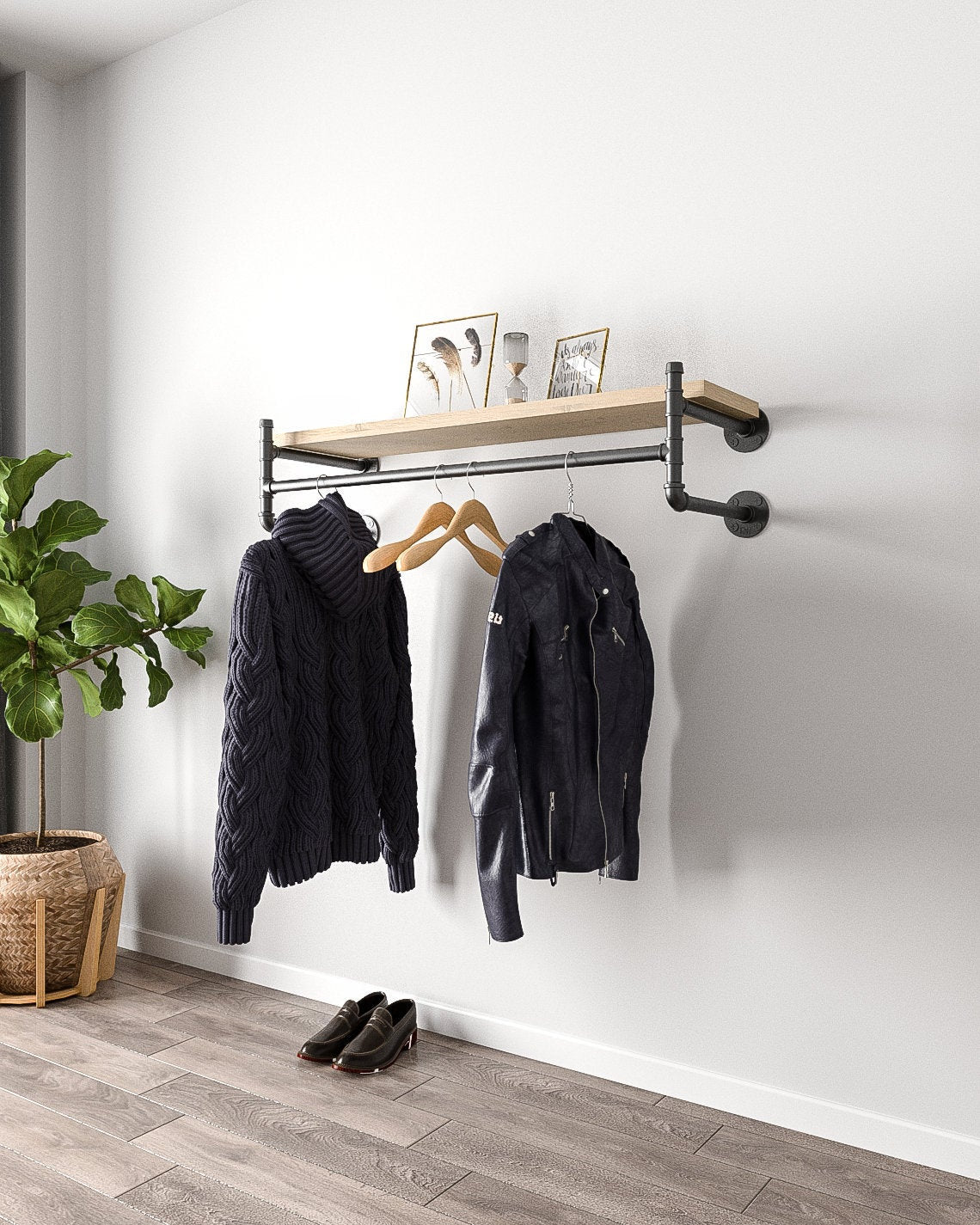 Leor Industrial Pipe Wall Mounted Clothing Rack, showcasing its sturdy malleable iron construction and vintage style