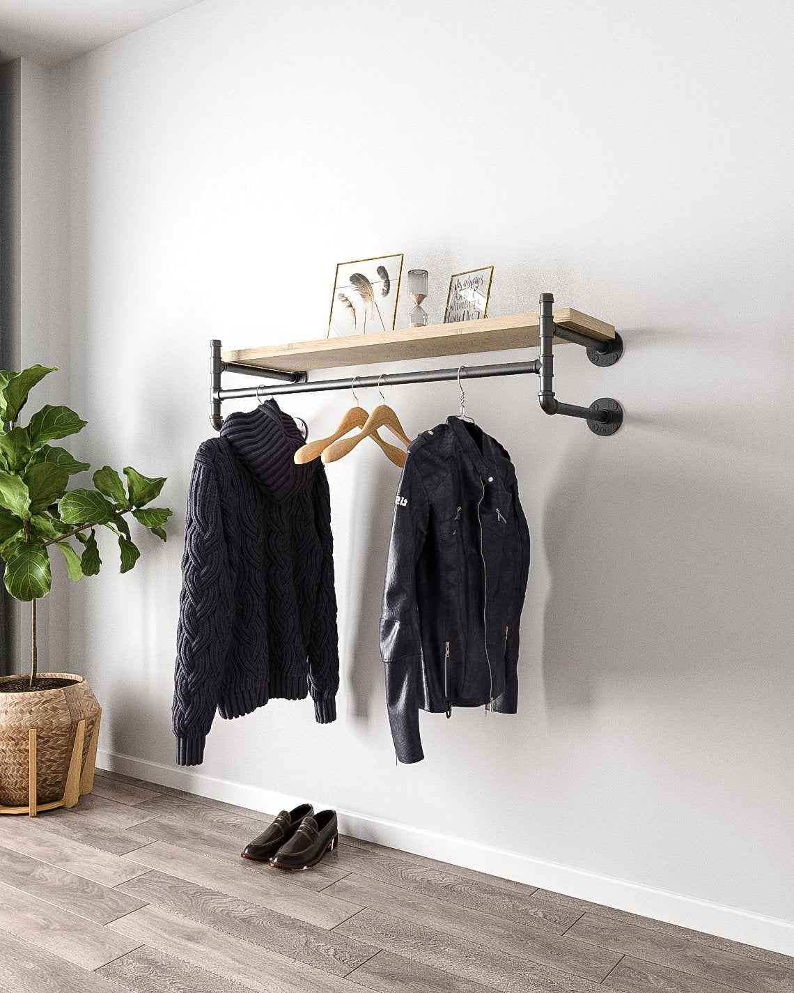 Leor Industrial Pipe Wall Mounted Clothing Rack: Sturdy Open Wardrobe