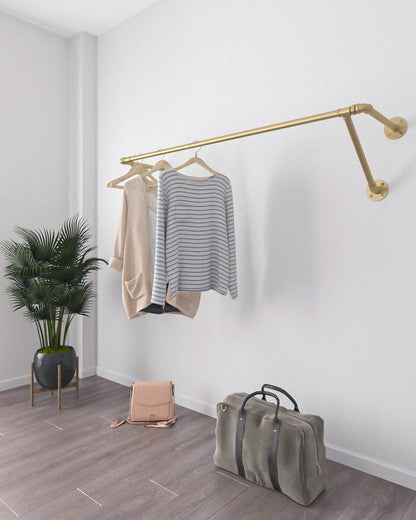 Golden Wall Mounted Clothes Rack, an elegant clothes rail and open wardrobe solution, suitable for commercial and home clothes storage.