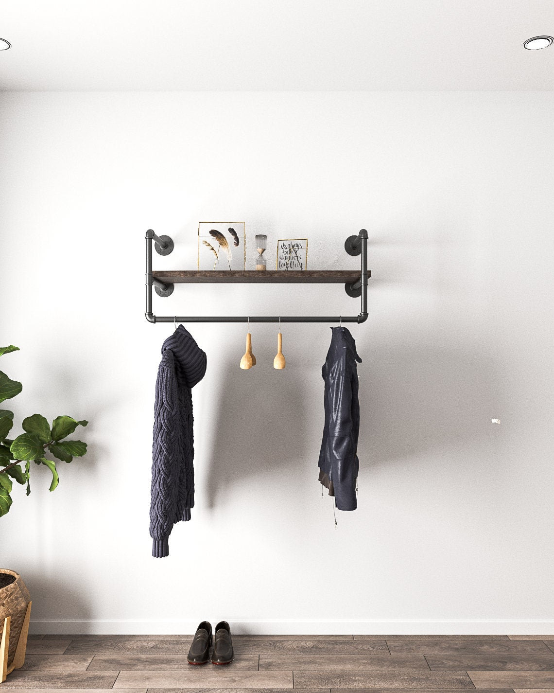  Clothes Rail with Built-in Shelf, displaying garments and accessories, showcasing its multifunctional design.