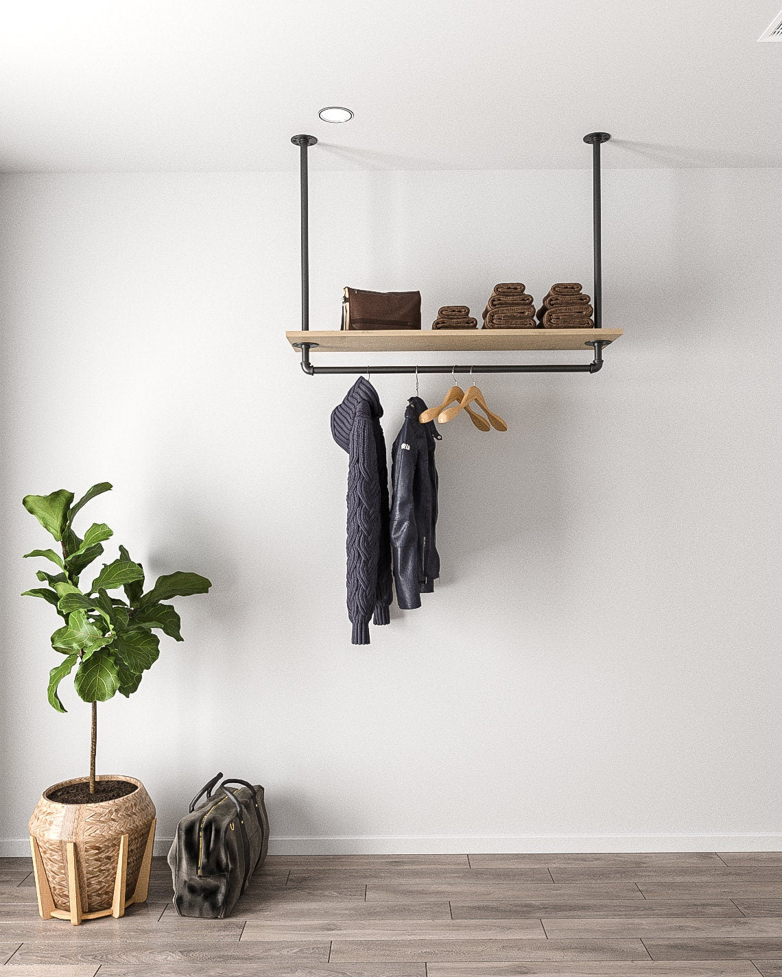 eiling-mounted clothes rack in industrial vintage design, perfect for organizing garments and accessories.