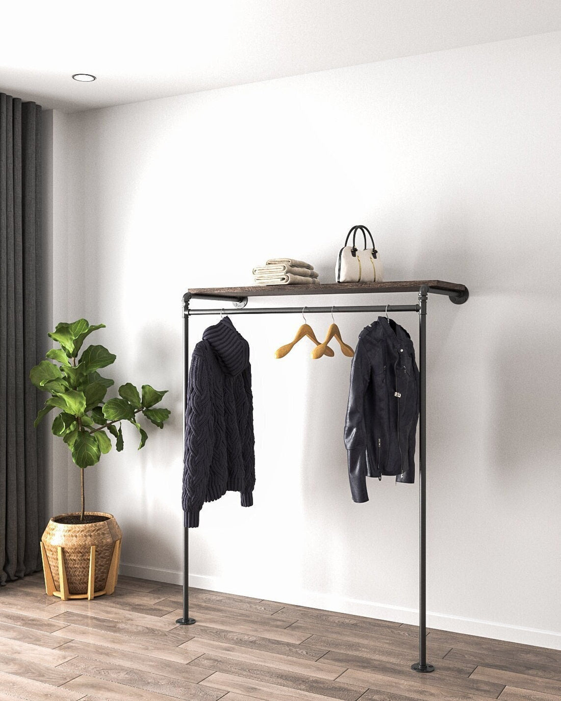 Vintage Clothes Rail, wall-mounted with a pipe clothes rail and wooden shelves, displaying its classic and functional design.